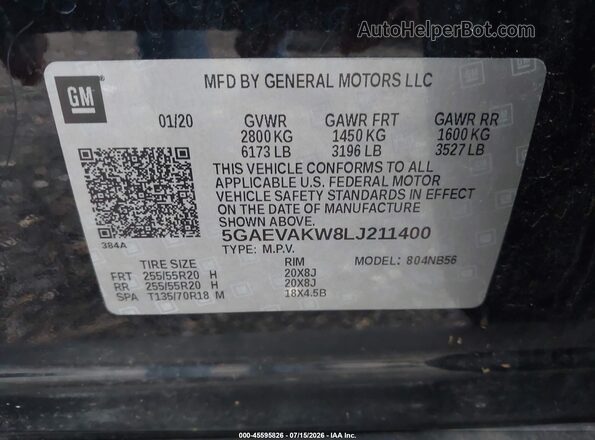 5GAEVAKW8LJ211400 2020 BUICK ENCLAVE Черный Вид подкапотного пространства
