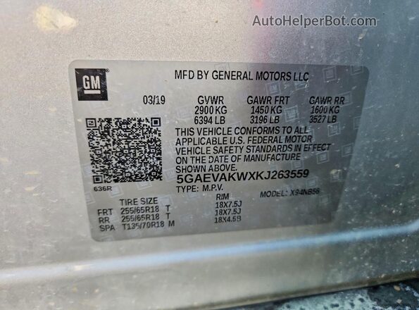 5GAEVAKWXKJ263559 2019 BUICK ENCLAVE Silver VIN კოდის სტიკერის ხედი