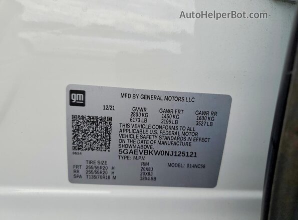 5GAEVBKW0NJ125121 2022 BUICK ENCLAVE White Widok naklejki z numerem VIN