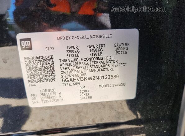 5GAEVBKW2NJ133589 2022 BUICK ENCLAVE Black Вид наклейки з VIN-кодом