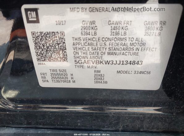 5GAEVBKW3JJ134843 2018 BUICK ENCLAVE Black ძრავის განყოფილების ხედი