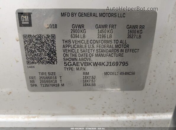 5GAEVBKW4KJ169795 2019 BUICK ENCLAVE White Вид підкапотного простору
