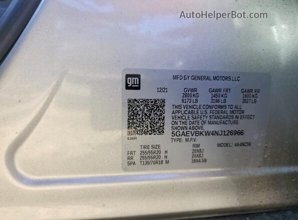 5GAEVBKW4NJ126966 2022 BUICK ENCLAVE Silver Вид наклейки з VIN-кодом