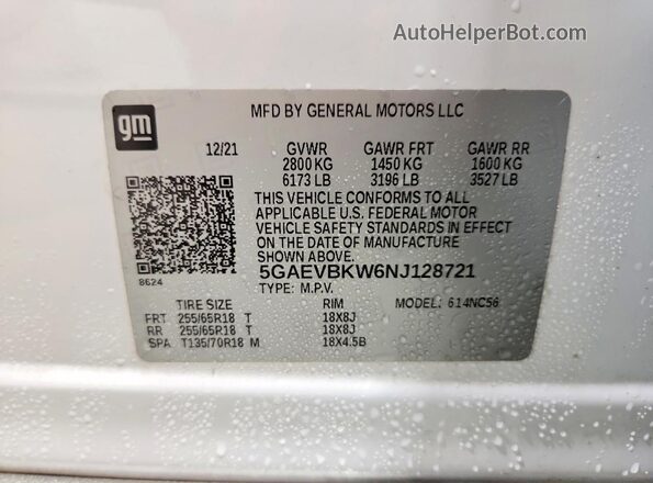 5GAEVBKW6NJ128721 2022 BUICK ENCLAVE Белый Вид наклейки с VIN-кодом
