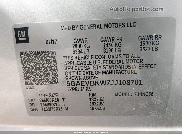 5GAEVBKW7JJ108701 2018 BUICK ENCLAVE Silver Widok komory silnika