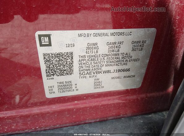 5GAEVBKW8LJ190666 2020 BUICK ENCLAVE Red ძრავის განყოფილების ხედი