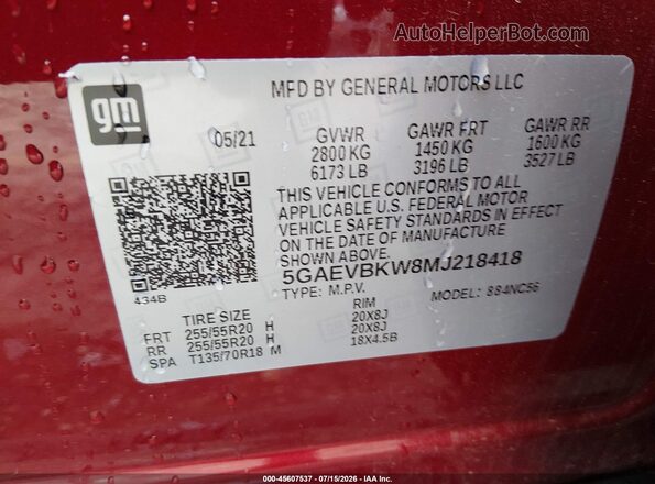 5GAEVBKW8MJ218418 2021 BUICK ENCLAVE Burgundy Engine compartment view