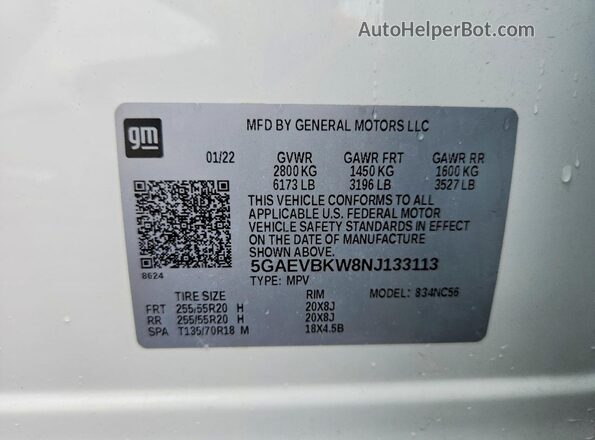 5GAEVBKW8NJ133113 2022 BUICK ENCLAVE White VIN კოდის სტიკერის ხედი