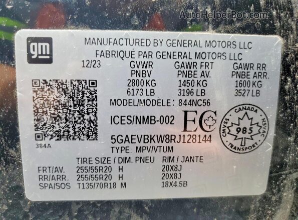 5GAEVBKW8RJ128144 2024 BUICK ENCLAVE Black Widok naklejki z numerem VIN