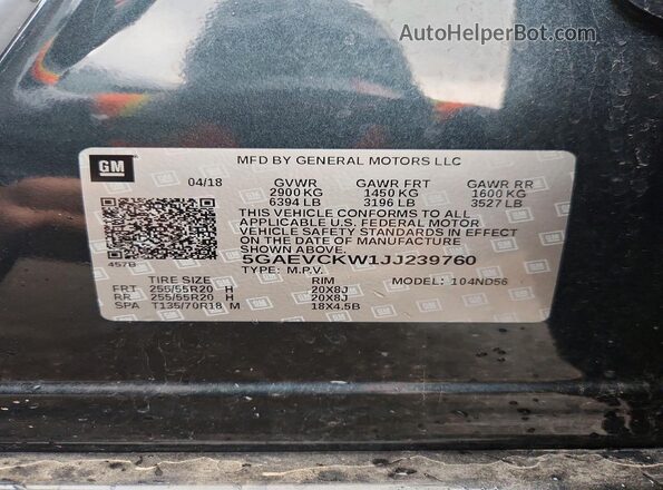 5GAEVCKW1JJ239760 2018 BUICK ENCLAVE Charcoal VIN sticker view