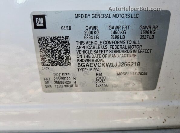 5GAEVCKW1JJ256218 2018 BUICK ENCLAVE White VIN sticker view