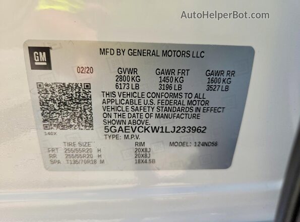 5GAEVCKW1LJ233962 2020 BUICK ENCLAVE White Вид наклейки з VIN-кодом