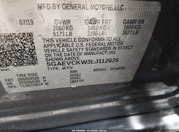 5GAEVCKW3LJ112625 2020 BUICK ENCLAVE Gray Vista del compartimento del motor