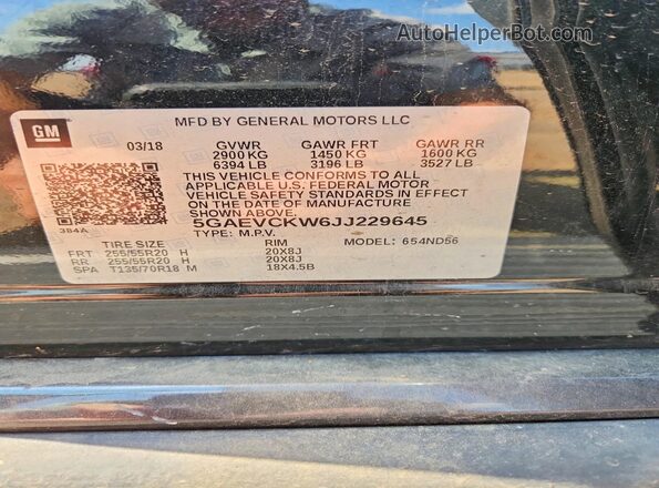 5GAEVCKW6JJ229645 2018 BUICK ENCLAVE Черный Вид наклейки с VIN-кодом