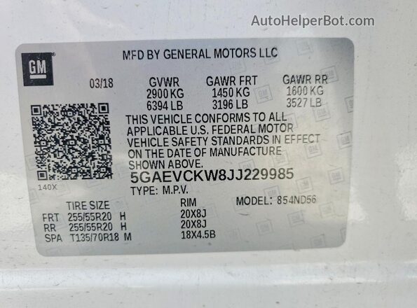 5GAEVCKW8JJ229985 2018 BUICK ENCLAVE White Vista de la etiqueta del VIN