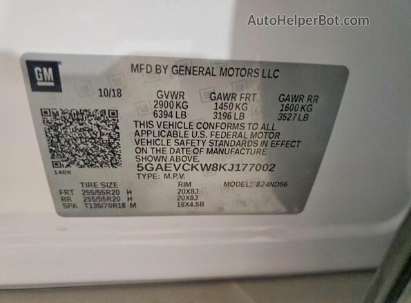 5GAEVCKW8KJ177002 2019 BUICK ENCLAVE Белый Вид наклейки с VIN-кодом