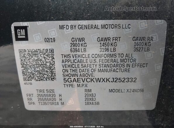 5GAEVCKWXKJ252332 2019 BUICK ENCLAVE Gray Вид підкапотного простору