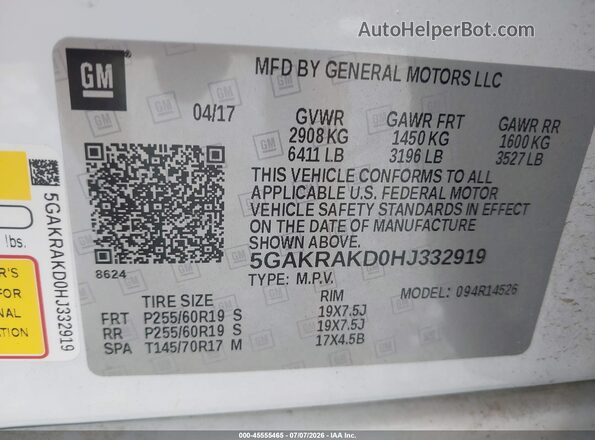 5GAKRAKD0HJ332919 2017 BUICK ENCLAVE White Vista del compartimento del motor