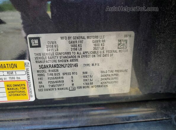 5GAKRAKD2HJ120149 2017 BUICK ENCLAVE Gray VIN sticker view