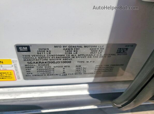 5GAKRAKD9GJ310898 2016 BUICK ENCLAVE White Widok naklejki z numerem VIN