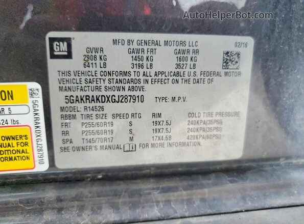 5GAKRAKDXGJ287910 2016 BUICK ENCLAVE Black Вид наклейки з VIN-кодом