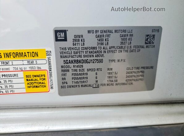 5GAKRBKD0GJ127590 2016 BUICK ENCLAVE White VIN კოდის სტიკერის ხედი