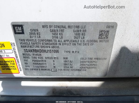5GAKRBKD0HJ151096 2017 BUICK ENCLAVE White Widok komory silnika