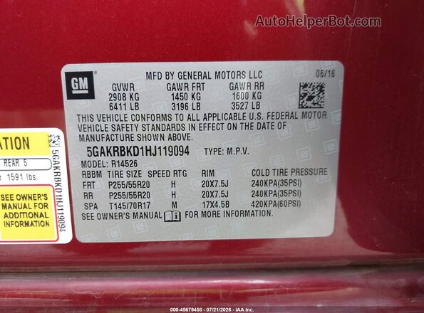 5GAKRBKD1HJ119094 2017 BUICK ENCLAVE Красный Вид подкапотного пространства