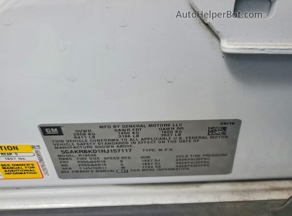 5GAKRBKD1HJ157117 2017 BUICK ENCLAVE White Widok wnętrza 360 stopni
