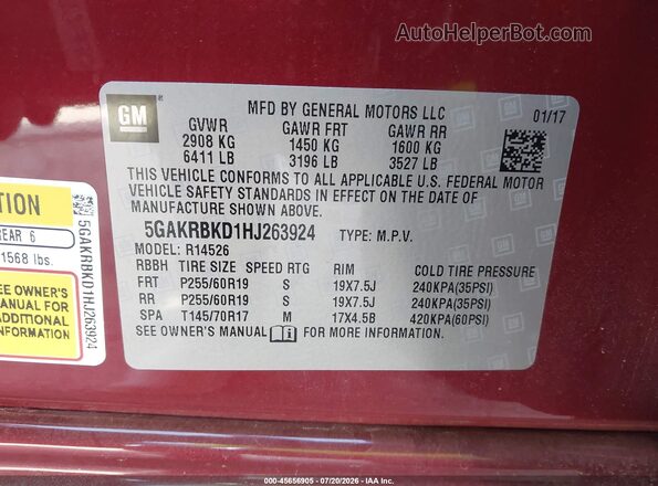 5GAKRBKD1HJ263924 2017 BUICK ENCLAVE Red Շարժիչի բաժամունքի տեսք