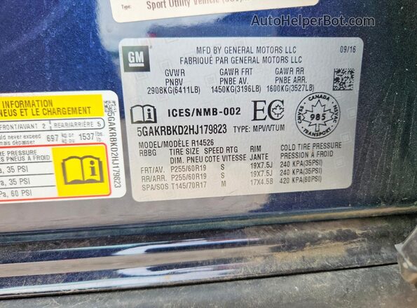 5GAKRBKD2HJ179823 2017 BUICK ENCLAVE Blue VIN sticker view