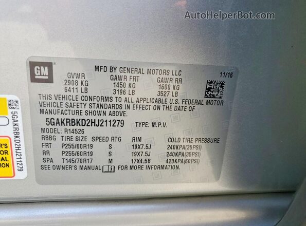 5GAKRBKD2HJ211279 2017 BUICK ENCLAVE Silver Вид наклейки з VIN-кодом
