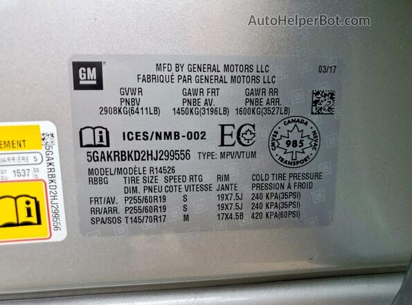 5GAKRBKD2HJ299556 2017 BUICK ENCLAVE Silver Вид наклейки з VIN-кодом