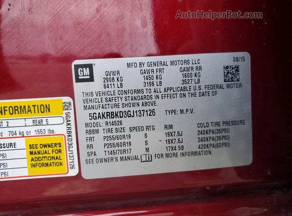 5GAKRBKD3GJ137126 2016 BUICK ENCLAVE Burgundy Vista de la etiqueta del VIN