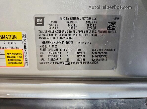 5GAKRBKD3GJ195852 2016 BUICK ENCLAVE Silver VIN sticker view