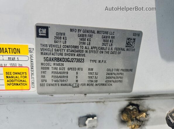 5GAKRBKD3GJ273823 2016 BUICK ENCLAVE White Widok wnętrza 360 stopni