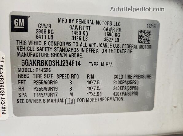 5GAKRBKD3HJ234814 2017 BUICK ENCLAVE White VIN sticker view