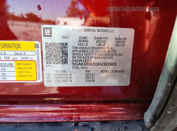 5GAKRBKD3HJ322603 2017 BUICK ENCLAVE Red Vista de la etiqueta del VIN
