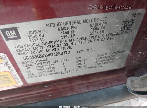 5GAKRBKD4GJ289772 2016 BUICK ENCLAVE Red Widok komory silnika