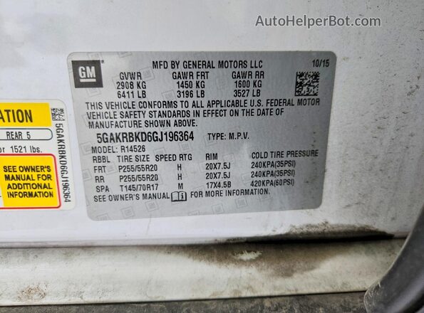 5GAKRBKD6GJ196364 2016 BUICK ENCLAVE White Vista de la etiqueta del VIN