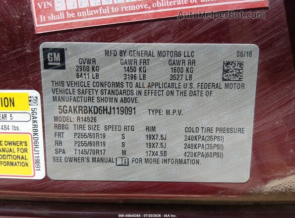 5GAKRBKD6HJ119091 2017 BUICK ENCLAVE Red Engine compartment view