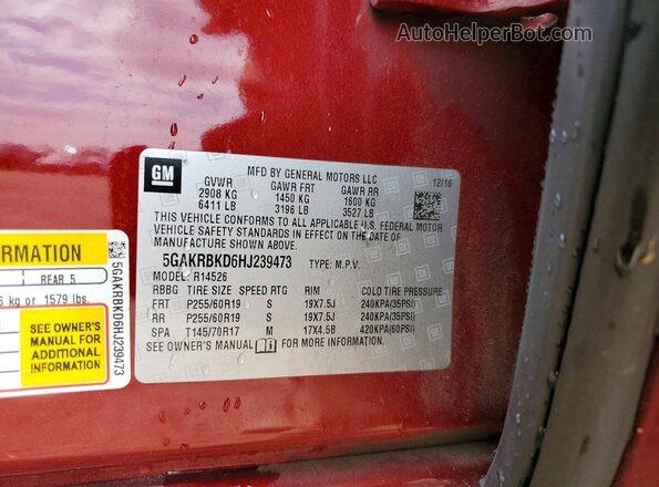 5GAKRBKD6HJ239473 2017 BUICK ENCLAVE Red Вид наклейки з VIN-кодом