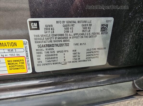 5GAKRBKD7HJ281702 2017 BUICK ENCLAVE Gray VIN կոդի պիտակի տեսք