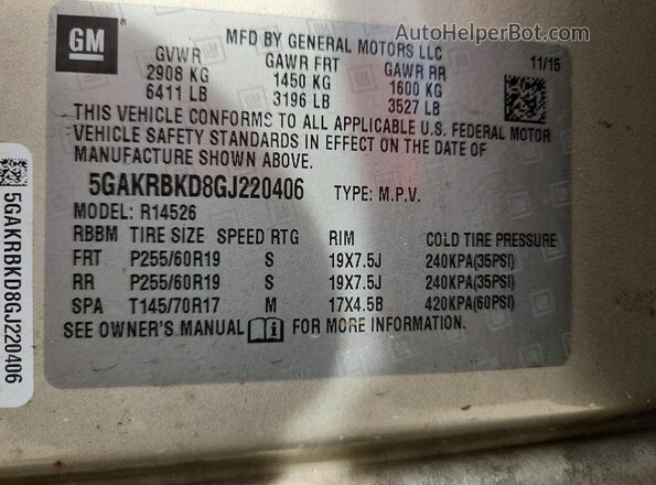 5GAKRBKD8GJ220406 2016 BUICK ENCLAVE Бежевый Вид наклейки с VIN-кодом