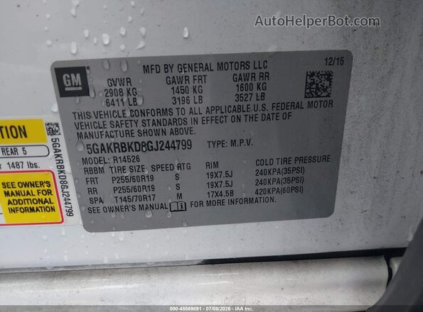 5GAKRBKD8GJ244799 2016 BUICK ENCLAVE Белый Вид подкапотного пространства