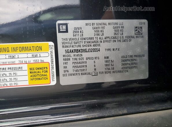 5GAKRBKD8GJ320554 2016 BUICK ENCLAVE Black Vista de la etiqueta del VIN