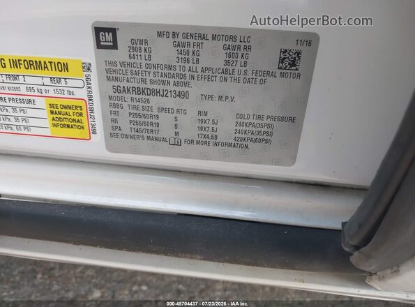 5GAKRBKD8HJ213490 2017 BUICK ENCLAVE White ძრავის განყოფილების ხედი