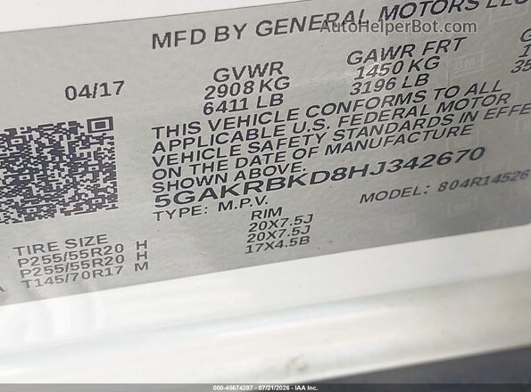 5GAKRBKD8HJ342670 2017 BUICK ENCLAVE White Շարժիչի բաժամունքի տեսք