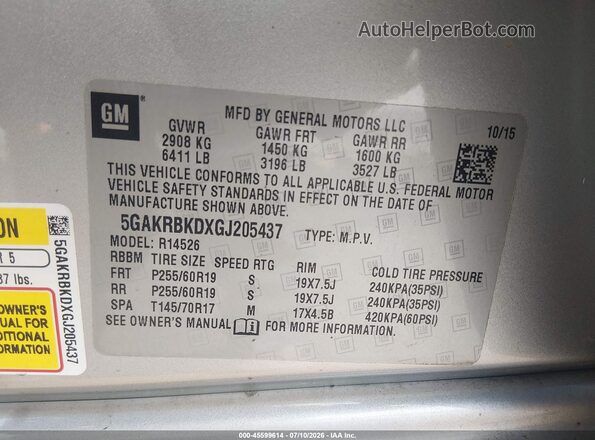 5GAKRBKDXGJ205437 2016 BUICK ENCLAVE Silver Вид підкапотного простору