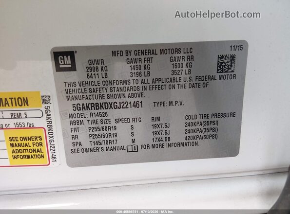 5GAKRBKDXGJ221461 2016 BUICK ENCLAVE White Vista del compartimento del motor